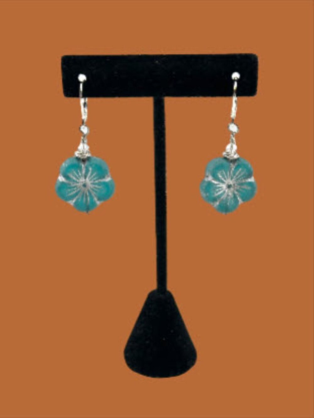 Blue Czech Glass Hibiscus Earrings Silver Filled Floral Dangle